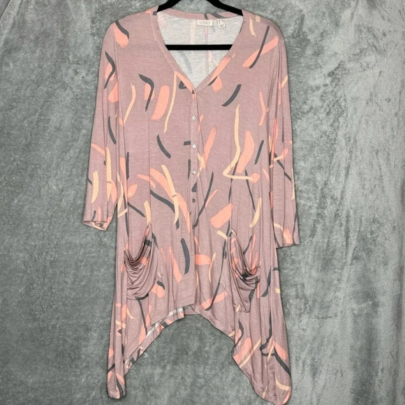 Logo Lori Goldstein Medium Cardigan Pink Button Up Striped 3/4 Sleeve V Neck - Picture 1 of 8